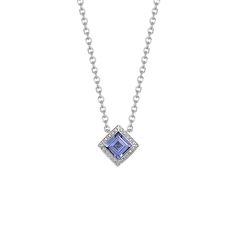 Chris Correia Fine Jewelry is distinguished by the brand's contemporary yet timeless designs like this chic platinum pendant necklace featuring a faceted square cut tanzanite center stone which is accented with pave diamonds. Classic Tanzanite Necklace With Diamond Cut, Classic Tanzanite Necklaces With Diamond Cut, Elegant Tanzanite White Gold Necklace, Formal Tanzanite Diamond Cut Necklace, Elegant White Gold Tanzanite Necklaces, Classic Tanzanite Necklace With Brilliant Cut, White Gold Tanzanite Necklace With Diamond Accents, White Gold Tanzanite Necklaces With Diamond Accents, White Gold Tanzanite Necklace For Formal Occasions