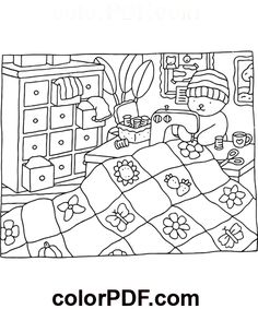 a coloring page with an image of a cat and dog on the bed in their room