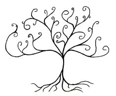 a black and white drawing of a tree with swirls on it's branches