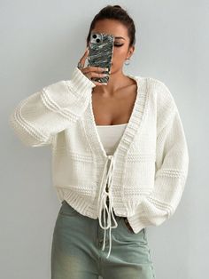 Women's Stylish Solid Color Dolman Sleeve Loose Front Tie Cardigan White Casual  Long Sleeve Fabric Plain  Medium Stretch Spring/Fall Women Clothing, size features are:Bust: ,Length: ,Sleeve Length: Over The Calf Socks, Women Crew Socks, White Cardigan, Lace Ruffle, White Casual, Knitwear Women, Womens Fall, Dolman Sleeve, Active Wear For Women