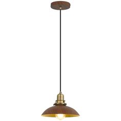 an antique style pendant light fixture with a wooden dome and metal fittings on the bottom