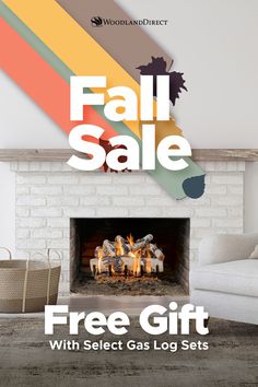 a fireplace with the words fall sale on it and an image of a fire place