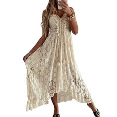 BEST SELLER! Introducing our Boho Chic Long Maxi Dress, a stylish and elegant choice for any occasion. Made of high-quality polyester, this dress is both comfortable and lightweight, perfect for all-day wear. The off-shoulder short sleeves, middle waist, and lace embroidery add a touch of boho style, making you stand out. Available in sizes S-XL. Lace Dress Boho, Casual Beach Wear, Bohemian Mode, Cover Beachwear, White Dresses For Women, Linen Maxi Dress, White Dress Summer, Women Maxi, Hippie Chic