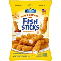 fish sticks are in a bag on a white surface with the words,'super crunchy fish sticks '