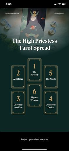 the high priestess tarot spread is displayed on an iphone screen, with four different symbols