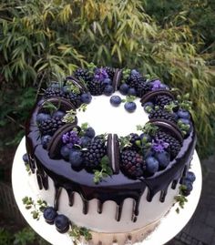 a cake with chocolate icing and berries on top