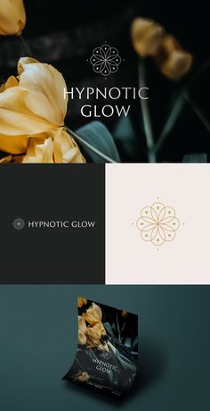 the logo for hypnotic glow is shown in black and white, with yellow flowers