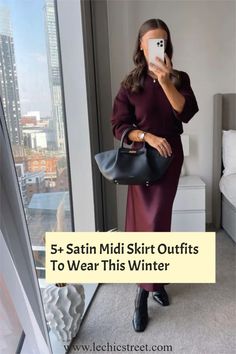 Satin In Winter, Satin Skirt Smart Casual, Silk Skirt Styling Ideas, How To Style A Silk Skirt For Fall, Midi Skirt Work Outfit Winter, How To Dress A Satin Skirt, Styling Silk Skirt Winter, Silk Skirt Sweater Boots Outfit, Satin Pleated Midi Skirt Outfits