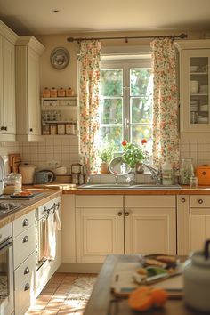 a kitchen filled with lots of counter space next to a sink and stove top oven