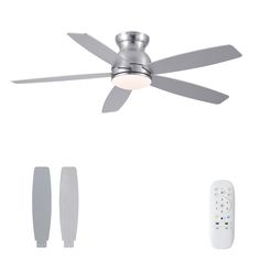 a ceiling fan with remote control and two blades on each side, in front of a white background