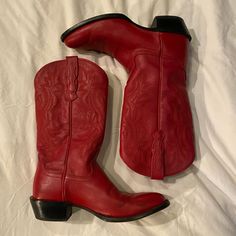 Genuine Leather Great Quality Brand Very Good Condition And Function, Only Worn A Couple Times But A Few Scuffs Throughout Foot And Toe Area Classic Red Boots For Rodeo, Classic Red Winter Boots, Classic Red Snip Toe Boots, Red Western Boots For Formal Occasions, Fitted Red Vintage Boots, Red Leather Boots For Rodeo, Leather Cowgirl Boots, Couple Time, Cowgirl Boots