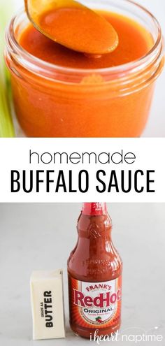 homemade buffalo sauce in a glass jar with a spoon next to it and the recipe below