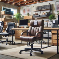 an office with desks, chairs and computer screens on the wall in front of them