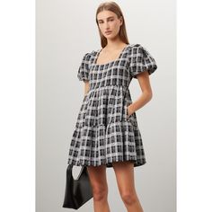 Black plaid tweed (100% Polyester). Blouson. Short sleeves. Crewneck. Back zipper closure. 33.5" from shoulder to hemline. Imported. Tweed Mini Dress, English Factory, Rent The Runway, Closet Designs, Night Looks, Mini Dress With Sleeves, Black Plaid, Puff Sleeve, Short Sleeves