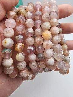 "All bracelets measure wrist size of 7.5\". All beads measure 8mm and are all natural Flower Agate with strong pink tones, also called Cherry Blossom Agate." Cherry Blossom Agate, Cherry Blossom Flower, Coral Bracelet, Cherry Blossom Flowers, Flower Agate, Small Rose, Gifts Birthday, Pink Tone, Nature Bracelets