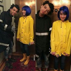 four people with blue hair and yellow raincoats standing in front of a door