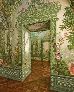 an ornately decorated hallway with green walls and flooring is shown in this painting