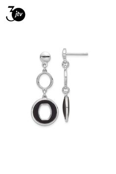 Rhodium over sterling silver circles dangle earrings with black enamel and polished finish. Measures approximately 1 1/4"L x 1/2"W and have friction post and push back closures. Modern Enamel Earrings For Formal Occasions, Modern Formal Enamel Earrings, Modern Black Enamel Jewelry, Modern Black Sterling Silver Earrings, Modern Black Circular Jewelry, Modern Silver Earrings With Black Enamel, Round Metal Jewelry With Black Enamel, Black Enamel Dangle Jewelry, Black Enamel Round Metal Jewelry