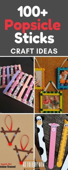 the cover of 100 popsicle sticks craft ideas is shown with pictures and scissors on it