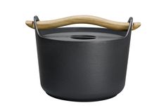 a black pot with a wooden handle