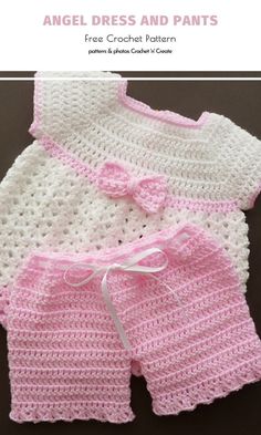 two crocheted baby clothes with pink and white trims, one is made to look like an angel dress and pants