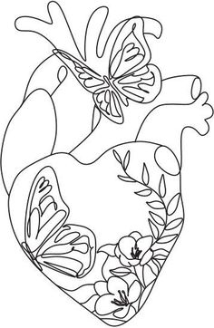 a heart with flowers and butterflies on it, outlined in the shape of a butterfly