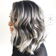 Grey Balayage, Medium Black Hair, Granny Hair, Grey Highlights, Silver Highlights, Black Hair With Highlights, White Highlights