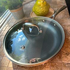 a pan sitting on top of a counter next to a potted plant