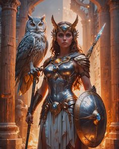 a woman dressed in armor and holding an owl