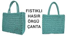 two crocheted bags with the words fiski hasir orgi canta