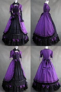 Purple and Black Gothic Victorian Dress With Lace decoration Black Gothic Dress For Fantasy Events, Black Dresses For Halloween Fantasy Events, Black Victorian Witchy Dress For Costume, Black Witchy Victorian Dress Costume, Black Witchy Victorian Costume Dress, Black Witchy Victorian Dress For Halloween, Black Witchy Dress For Fantasy Events, Witchy Victorian Dress For Halloween Costume, Witchy Victorian Dress For Halloween