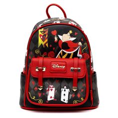 This LIMITED EDITION beautiful mini backpack features the Queen of Heartsfrom Disney's Alice in Wonderlandin beautiful simulated pebble grain leather. The Queen of Hearts is depicted on the front of the bag holding one of her signature hearts standing among the roses in her garden while two of her playing cards, the two of hearts and the three of spades take a break from painting the roses. On the back of the bag is a crest of the playing cards. The side pouches shows the Ace of clubs on one sid Disney Mini Backpack, Disneyland Backpack, Two Of Hearts, Black Disney Princess, Disney Prints, Ace Of Clubs, Disney Purses, Disney Bags Backpacks, Disney Backpack