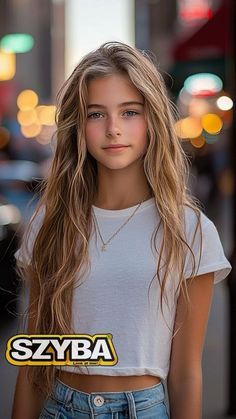 a girl with long hair standing in the street