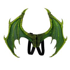 an image of a green dragon headdress with horns on it's back