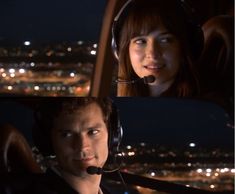 two people sitting in a plane with headsets on and one person wearing a headset