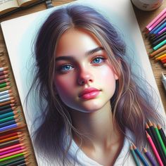 a drawing of a girl with blue eyes and long hair, surrounded by colored pencils