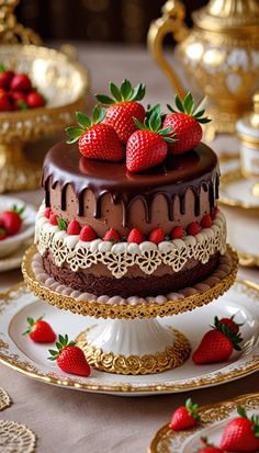 there is a chocolate cake with strawberries on top and gold trim around the edges