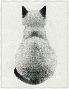 a black and white drawing of a cat's back view, looking up at the sky