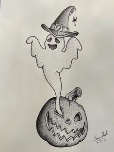 a drawing of a ghost sitting on top of a pumpkin