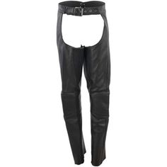 a pair of black leather pants with zippers on the side and one leg in front