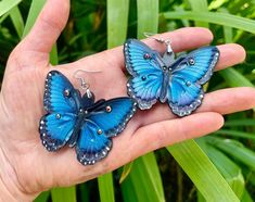 Handmade Tooled Leather Blue Morpho Butterfly Earrings - Lightweight Statement Jewelry with Iridescent Gems - Lotus Leather Resin Butterfly Jewelry, Forest Themes, Blue Morpho Butterfly, Morpho Butterfly, Blue Morpho, Light As A Feather, Fall Items, Air Brush Painting, Nature Inspired Jewelry