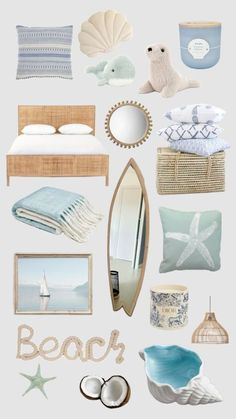 an assortment of sea themed items including shells, seashells, and other things