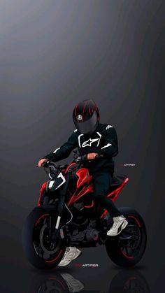 a man riding on the back of a red and black motorbike in front of a dark background