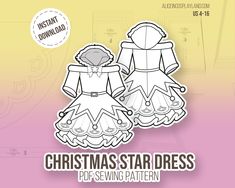 two paper dolls are shown with the words christmas star dress sewing pattern on it's side