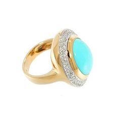 Estate Jewelry Estate Jewelry - Oval Cabochon Turquoise and Diamond Yellow Gold Cocktail Ring | Manfredi Jewels Yellow Gold Cocktail Ring, Diamond Cocktail Ring, Gold Cocktail Ring, Gold Cocktail, Diamond Cocktail Rings, Oval Cabochon, Round Brilliant Cut Diamond, Cocktail Ring, Brilliant Cut Diamond