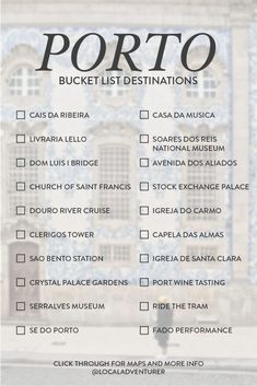 a poster with the words port to bucket list destinations in spanish and english on it