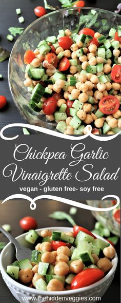 chickpea salad with tomatoes, cucumber and avocado in a bowl