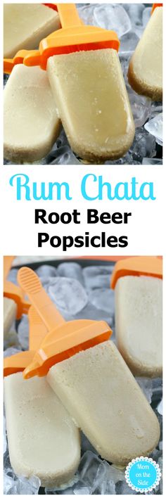 two images showing how to make rum chapa root beer popsicles with text overlay that reads, rum chapa root beer pops