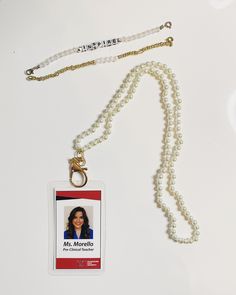 Pearl beaded lanyard for name badge🤍 Adjustable Beaded Chain Lanyard For Gift, Personalized White Lanyards For Everyday Use, Customizable Adjustable White Lanyards, Adjustable White Badge Holder For Personal Use, Customizable White Lanyards, Personalized White Lanyards For School, White Rectangular Badge Holder For Personal Use, Customizable White Badge Holders For Personal Use, White Beaded Lanyard For Personal Use