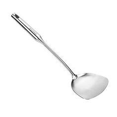 a silver spoon with a long handle on a white background